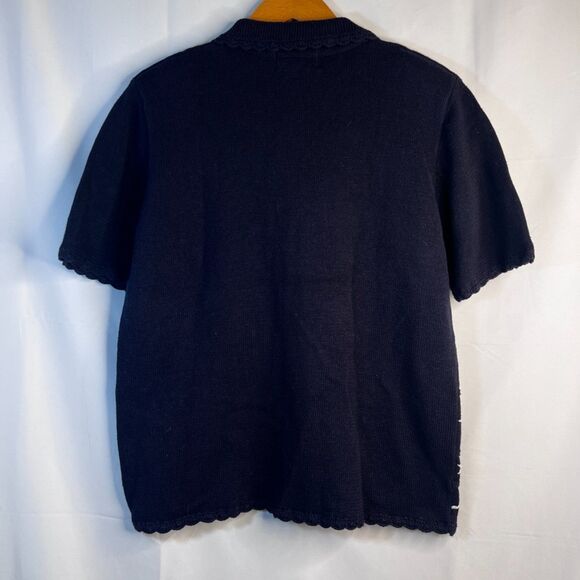 Worthington Vintage Navy Embroidered Crochet Knit Short Sleeve Sweater Large - Picture 2 of 11